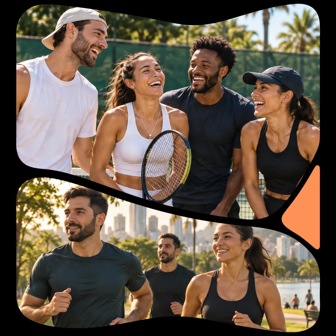 Dois grupos de amigos sorrindo: um numa quadra de tênis, outro correndo num parque à beira-mar.